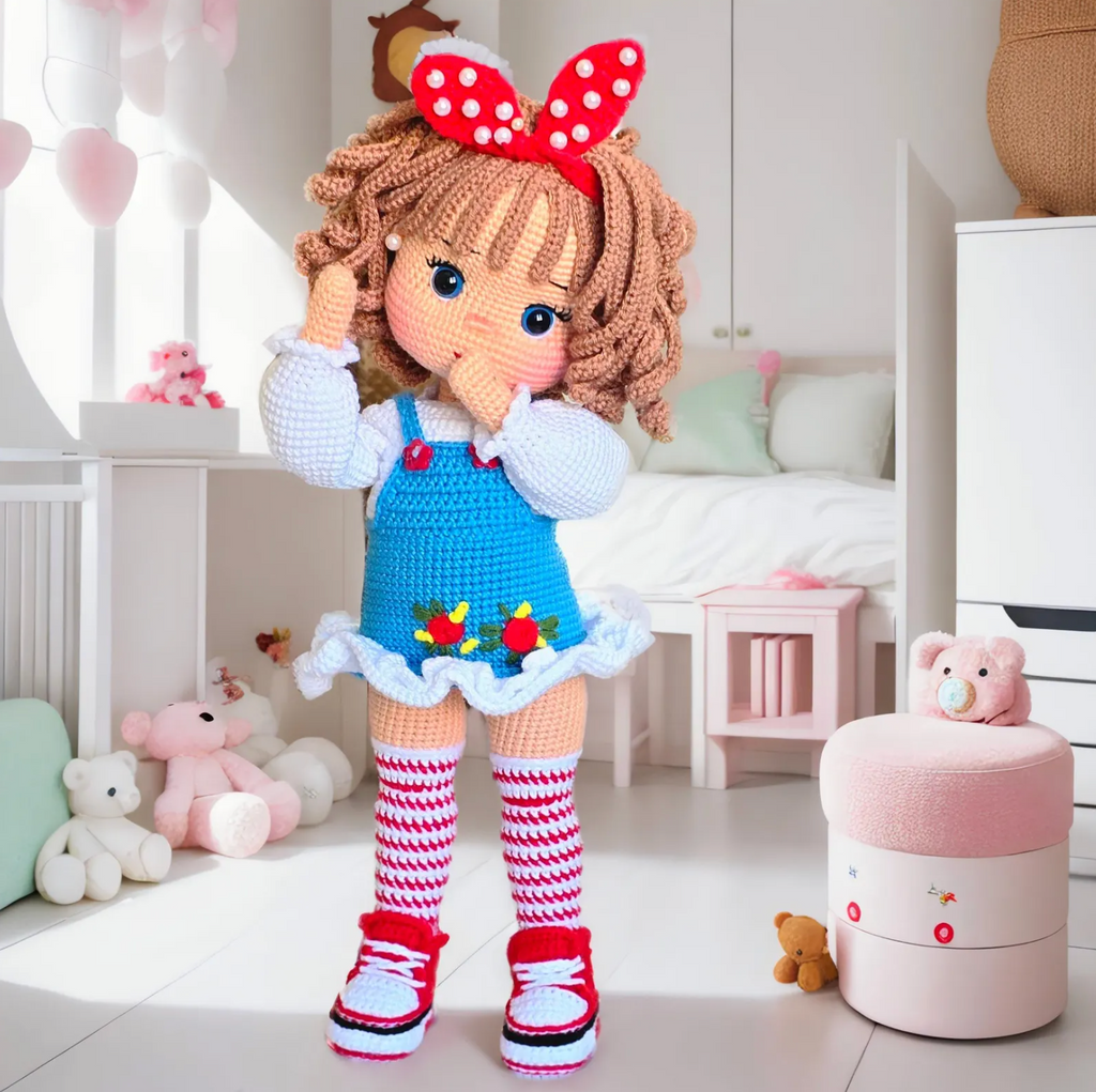 Amigurumi fashionista doll crochet pattern – curly hair floral dress and striped socks