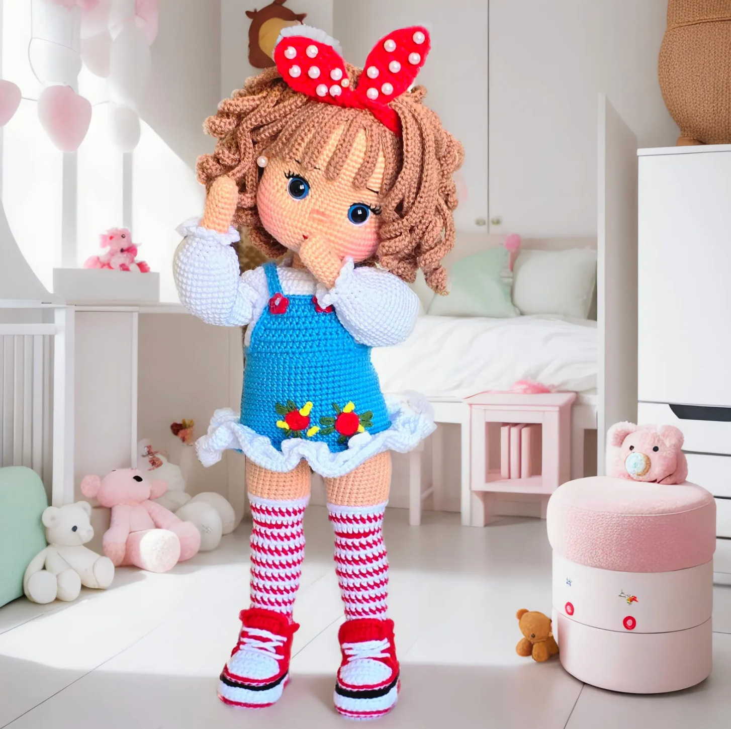 Amigurumi fashionista doll crochet pattern – curly hair floral dress and striped socks