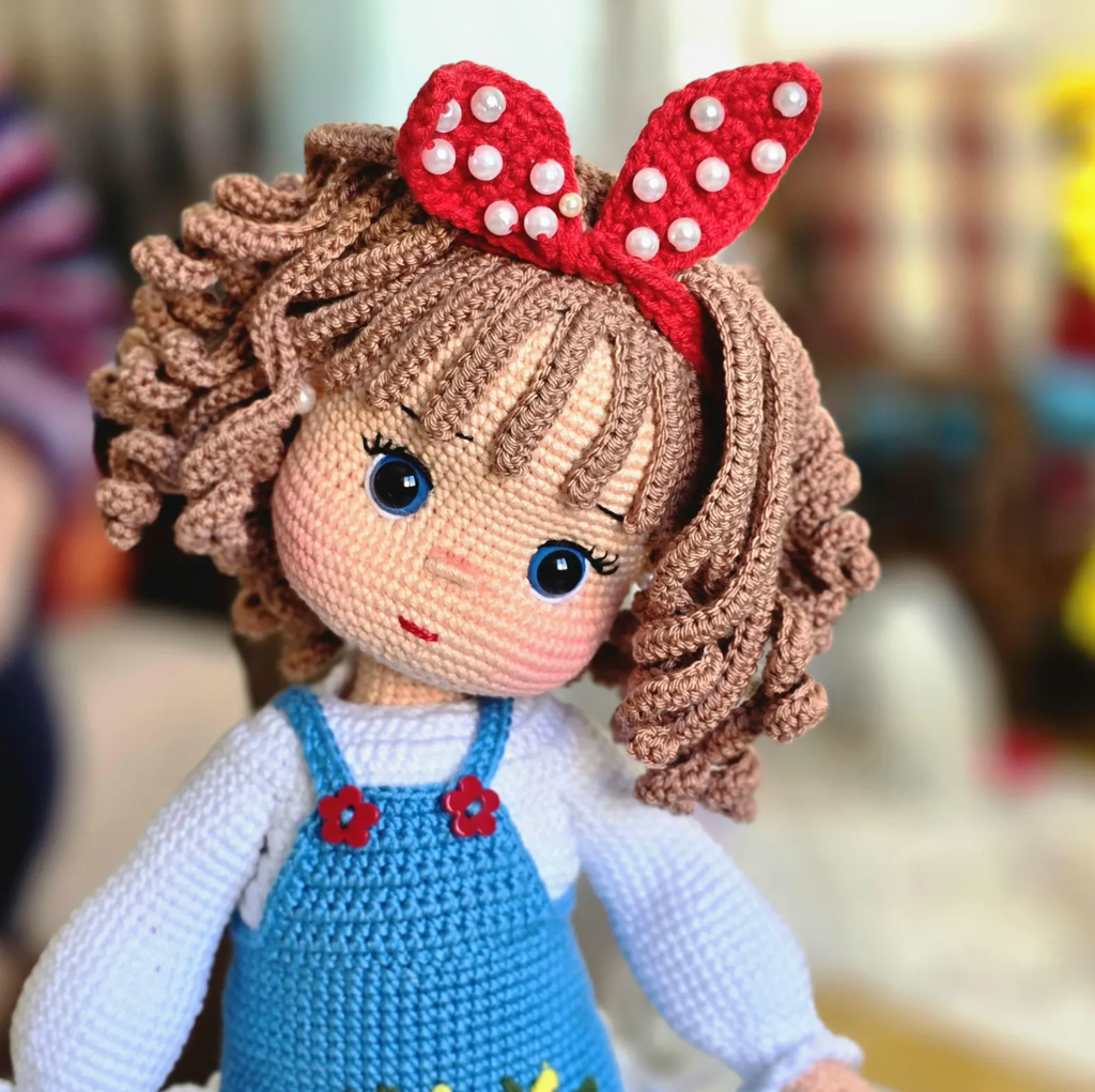 Amigurumi fashionista doll crochet pattern – curly hair floral dress and striped socks
