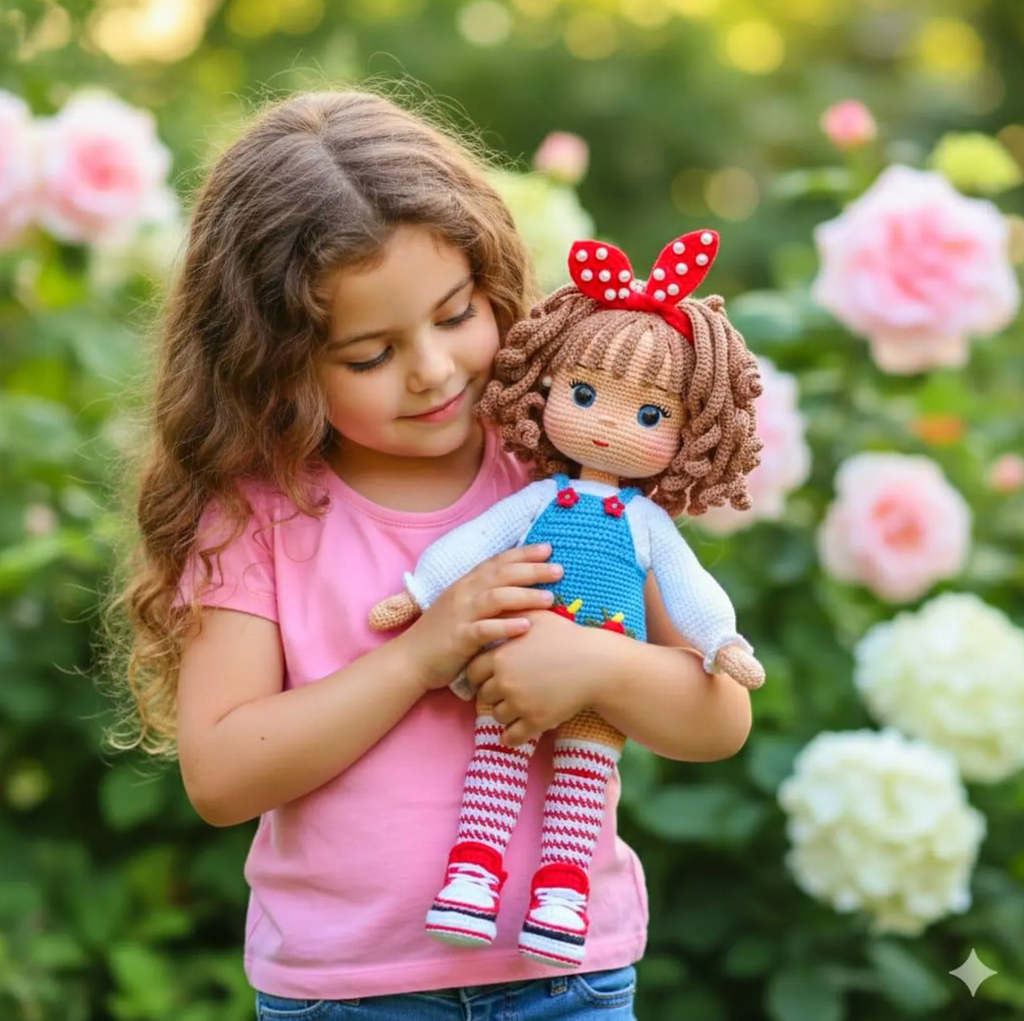 Amigurumi fashionista doll crochet pattern – curly hair floral dress and striped socks
