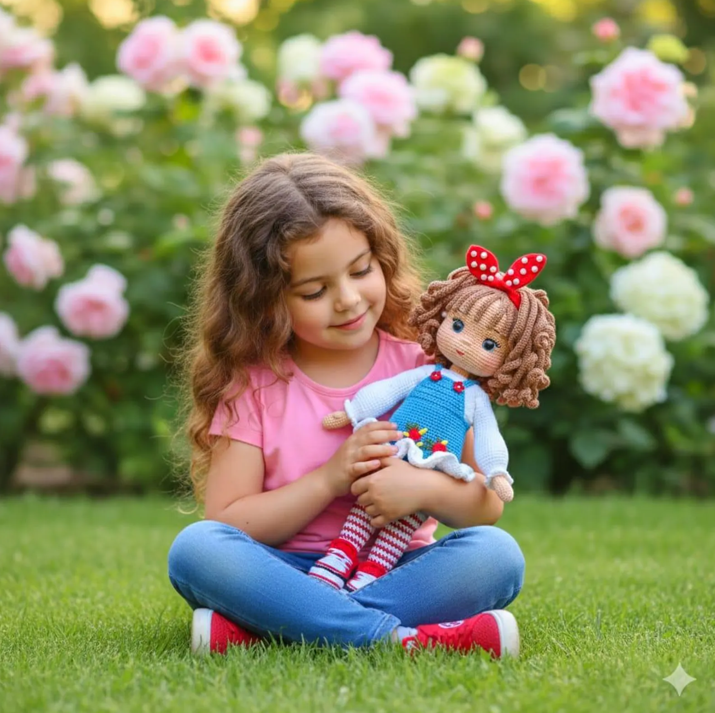 Amigurumi fashionista doll crochet pattern – curly hair floral dress and striped socks
