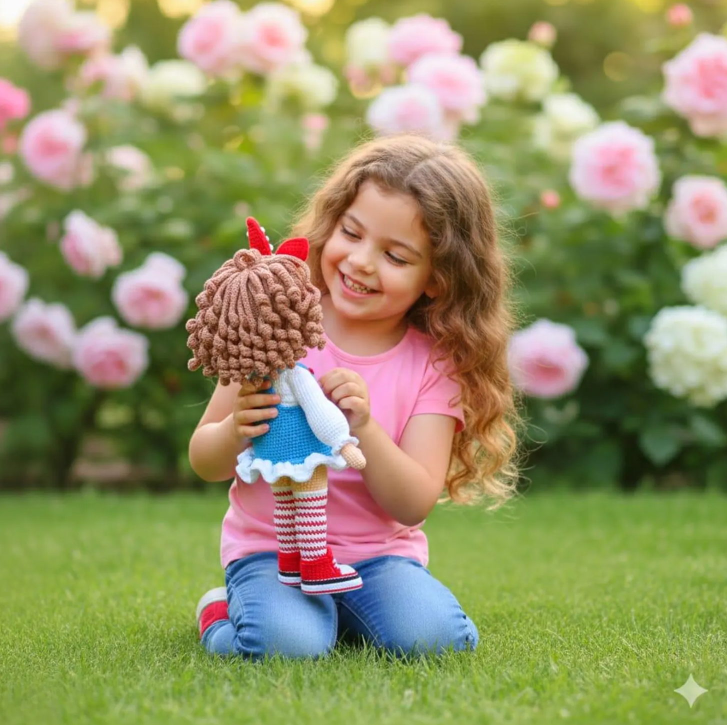 Amigurumi fashionista doll crochet pattern – curly hair floral dress and striped socks