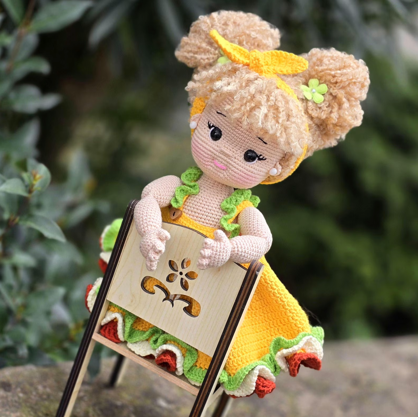 Amigurumi sunny girl doll crochet pattern – yellow dress and fluffy hair buns