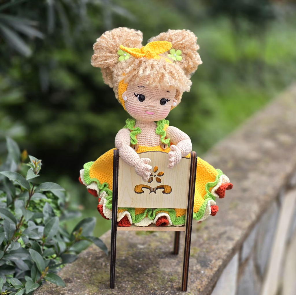 Amigurumi sunny girl doll crochet pattern – yellow dress and fluffy hair buns