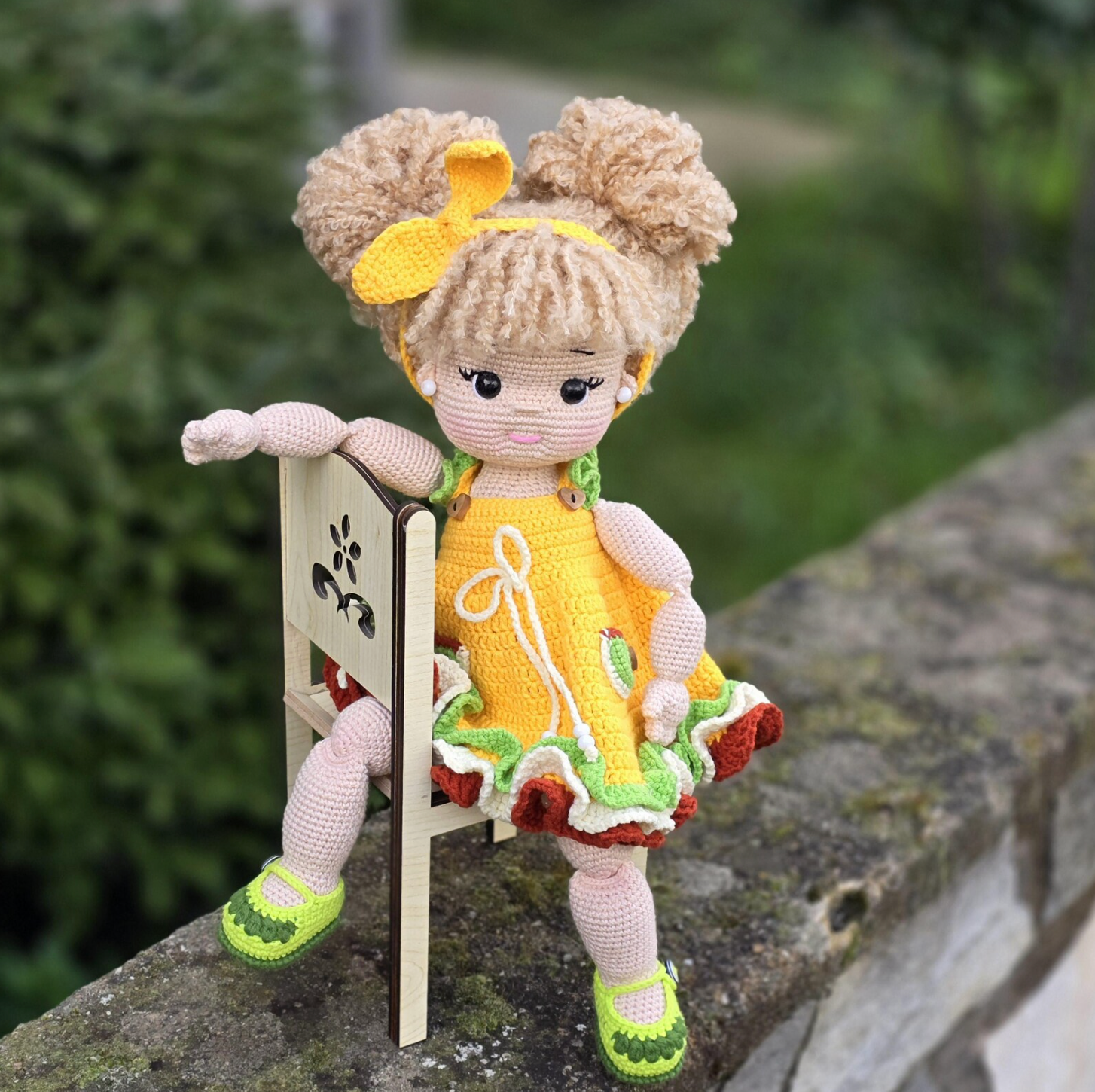 Amigurumi sunny girl doll crochet pattern – yellow dress and fluffy hair buns