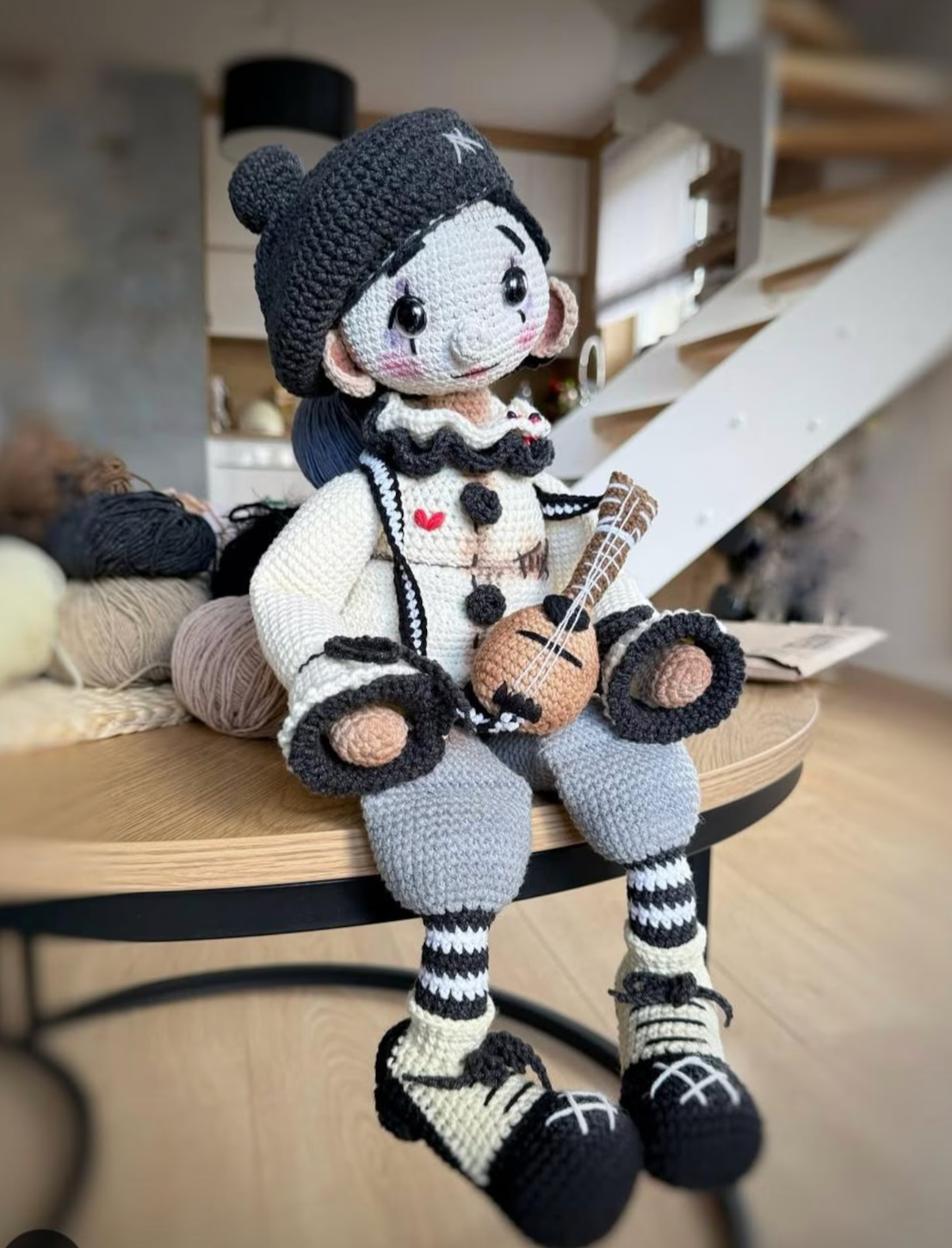 Amigurumi Pierrot clown doll crochet pattern – monochrome costume with guitar