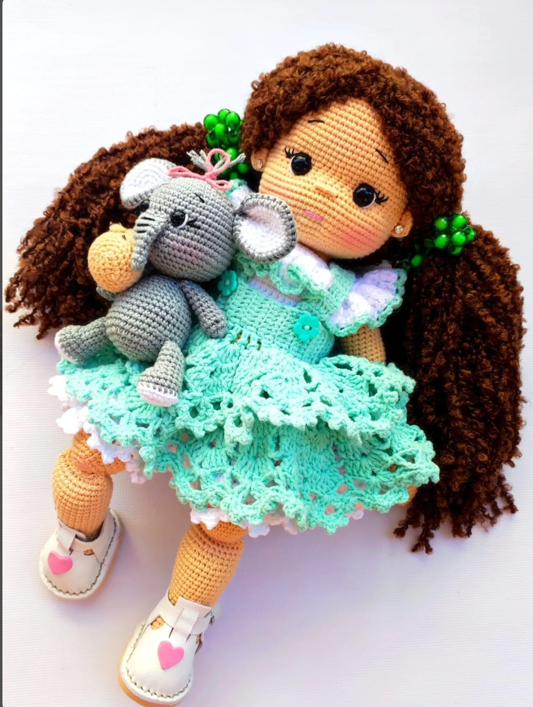 Amigurumi girl and elephant duo crochet pattern – mint dress doll with baby elephant