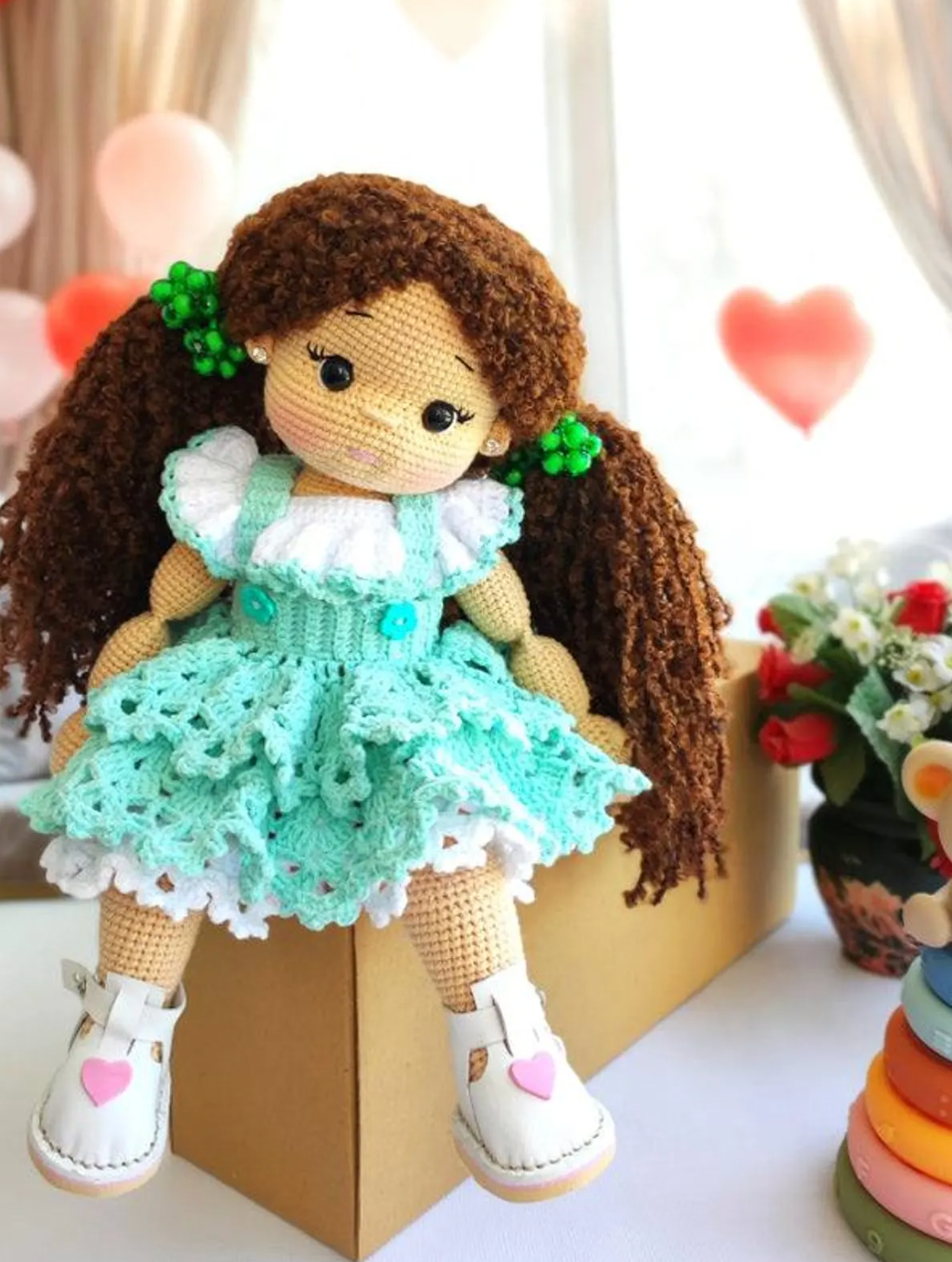 Amigurumi girl and elephant duo crochet pattern – mint dress doll with baby elephant