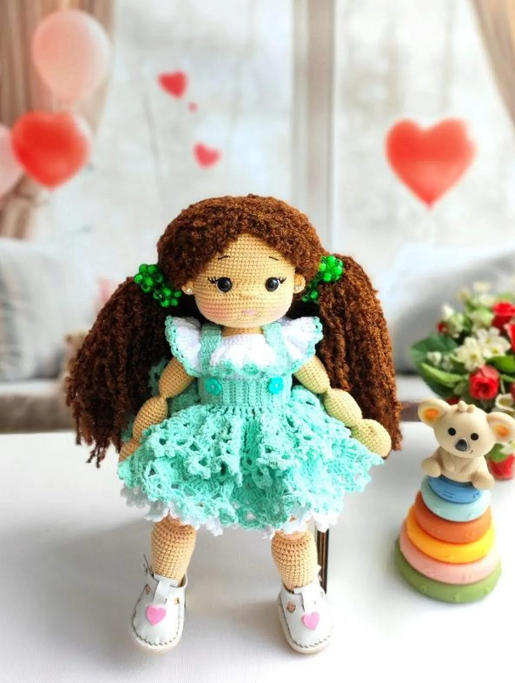 Amigurumi girl and elephant duo crochet pattern – mint dress doll with baby elephant