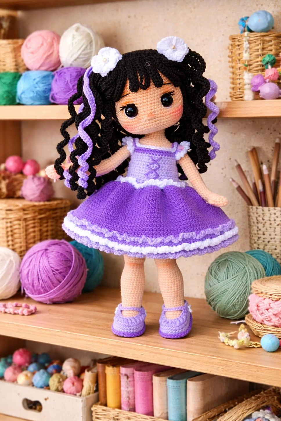 Amigurumi ballerina doll crochet pattern – purple dress and curly hair handmade doll