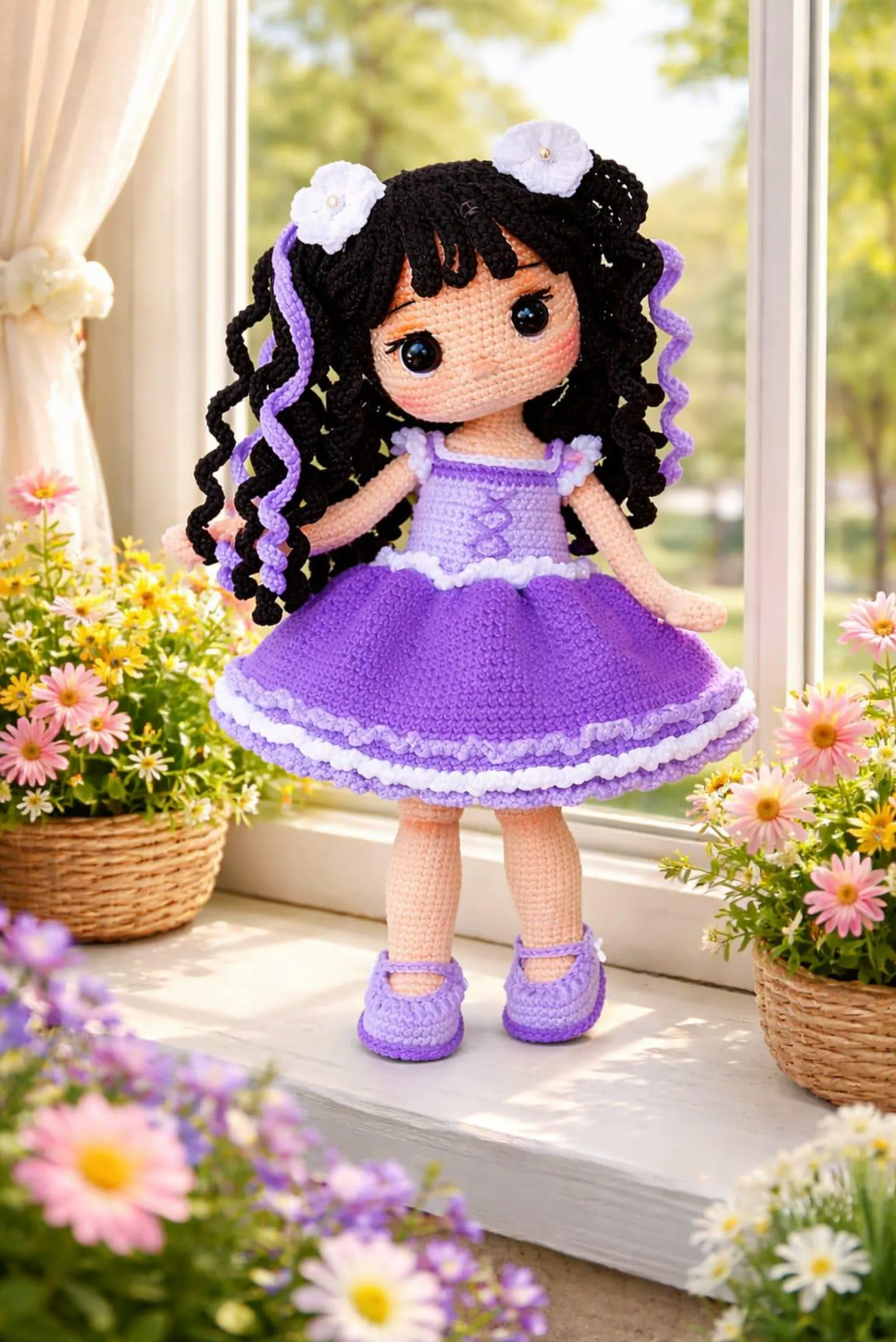 Amigurumi ballerina doll crochet pattern – purple dress and curly hair handmade doll