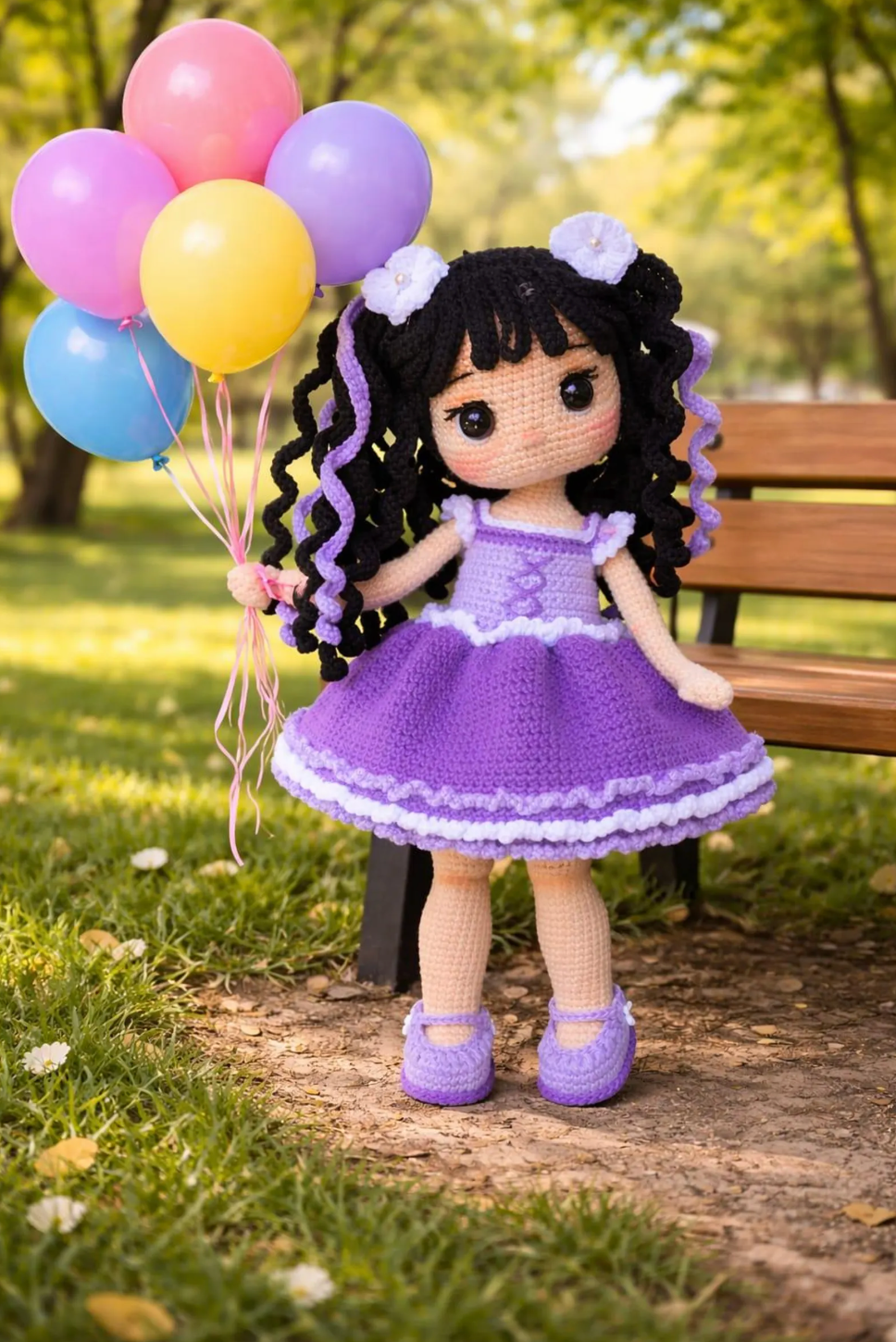 Amigurumi ballerina doll crochet pattern – purple dress and curly hair handmade doll