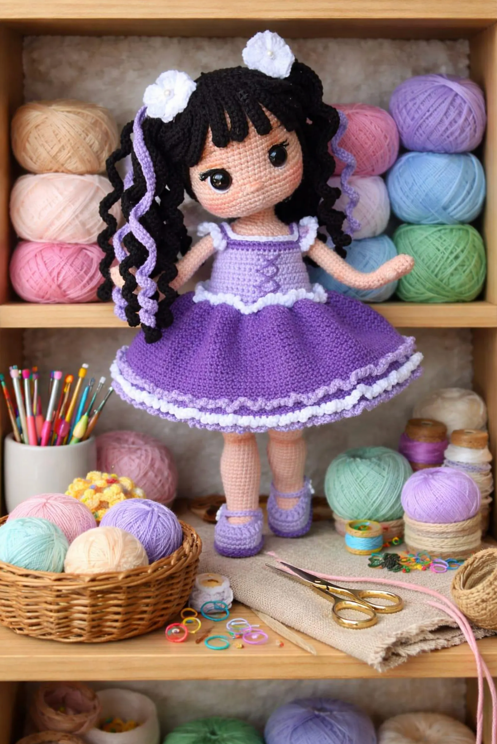 Amigurumi ballerina doll crochet pattern – purple dress and curly hair handmade doll