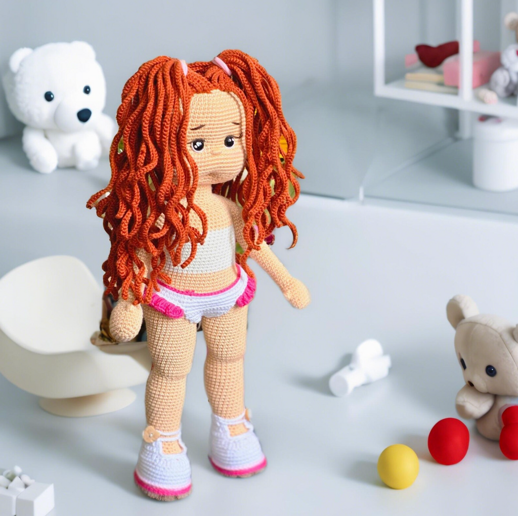 Amigurumi red hair base doll crochet pattern – poseable doll with long orange hair
