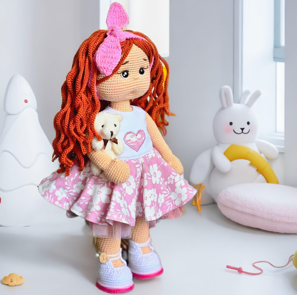 Amigurumi red hair base doll crochet pattern – poseable doll with long orange hair
