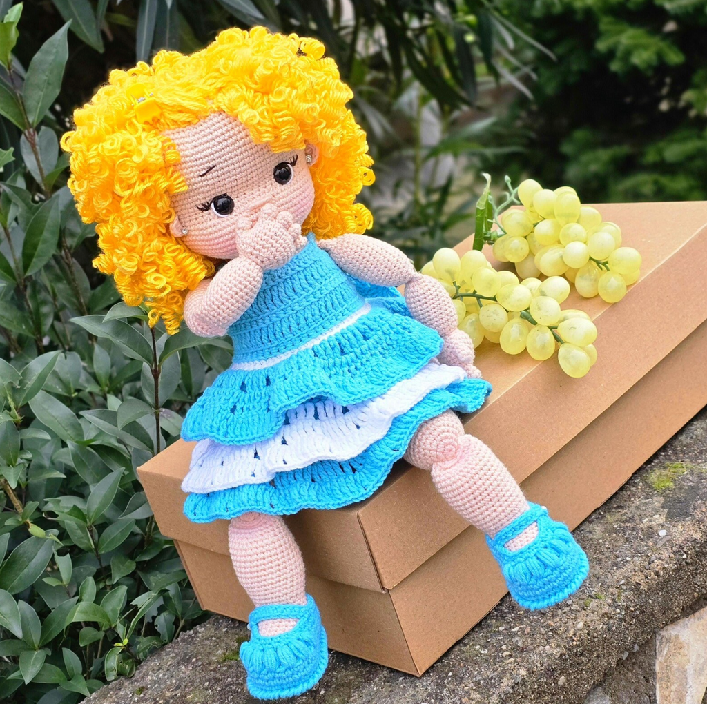 Amigurumi curly blonde doll crochet pattern – blue dress and golden curls handmade doll