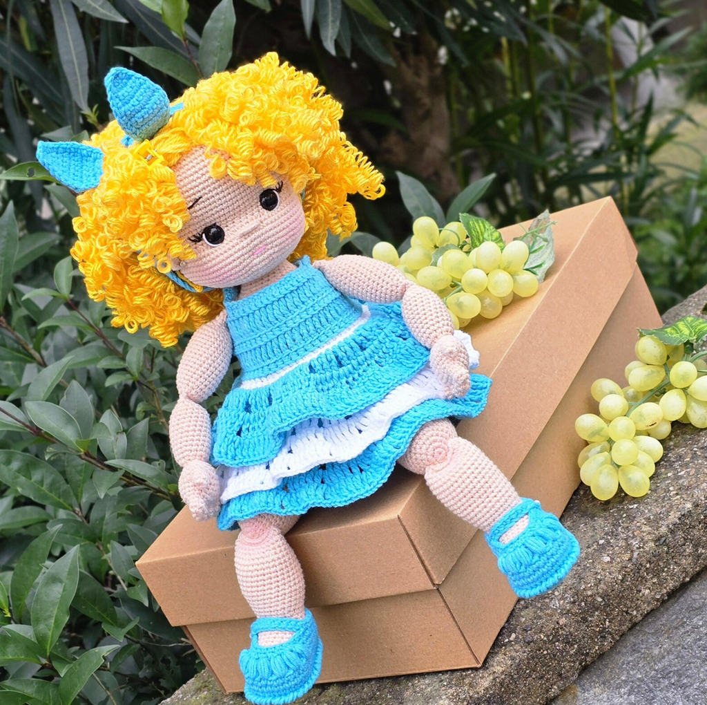 Amigurumi curly blonde doll crochet pattern – blue dress and golden curls handmade doll