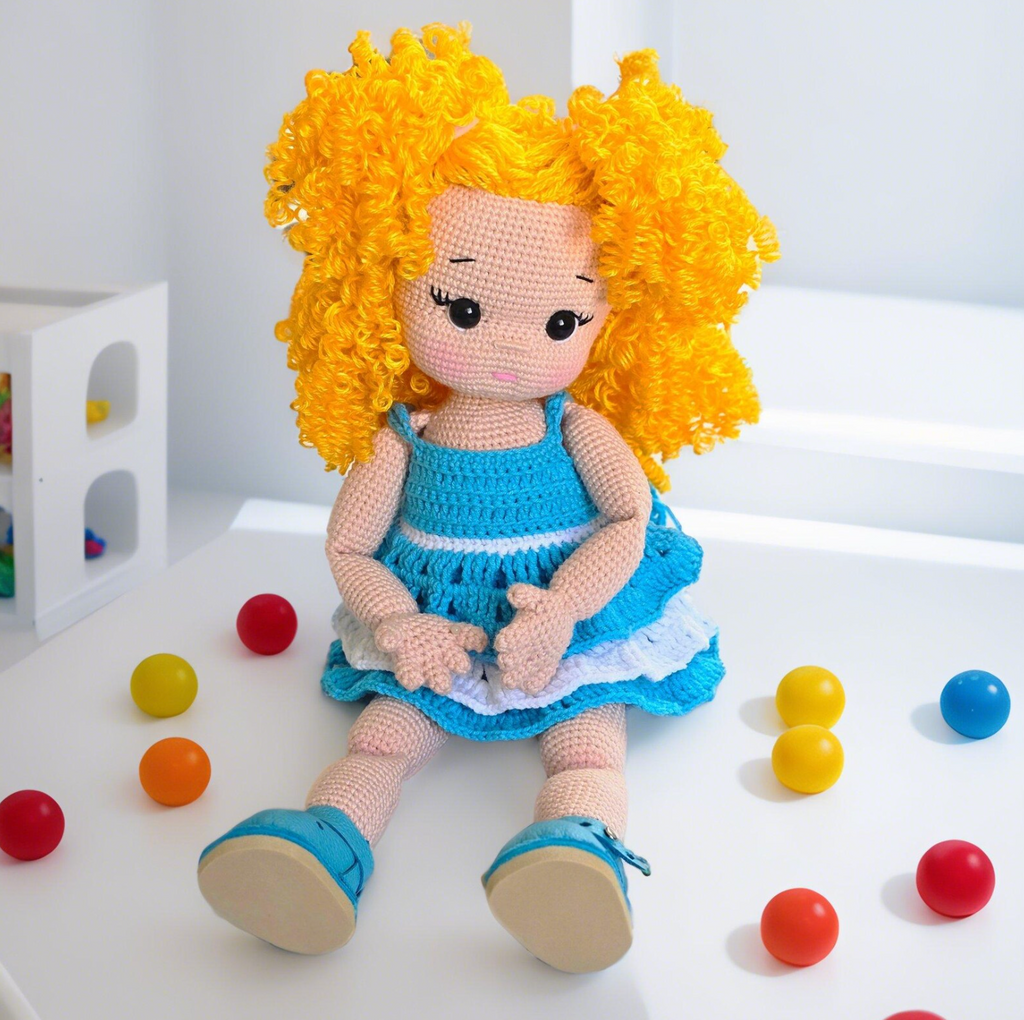Amigurumi curly blonde doll crochet pattern – blue dress and golden curls handmade doll