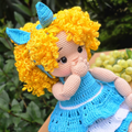 Amigurumi curly blonde doll crochet pattern – blue dress and golden curls handmade doll