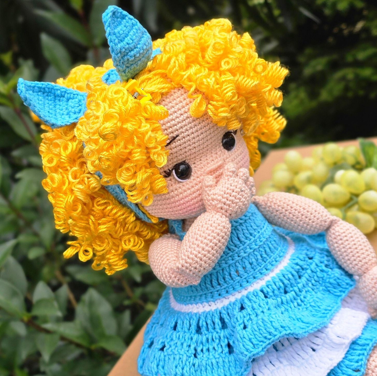 Amigurumi curly blonde doll crochet pattern – blue dress and golden curls handmade doll