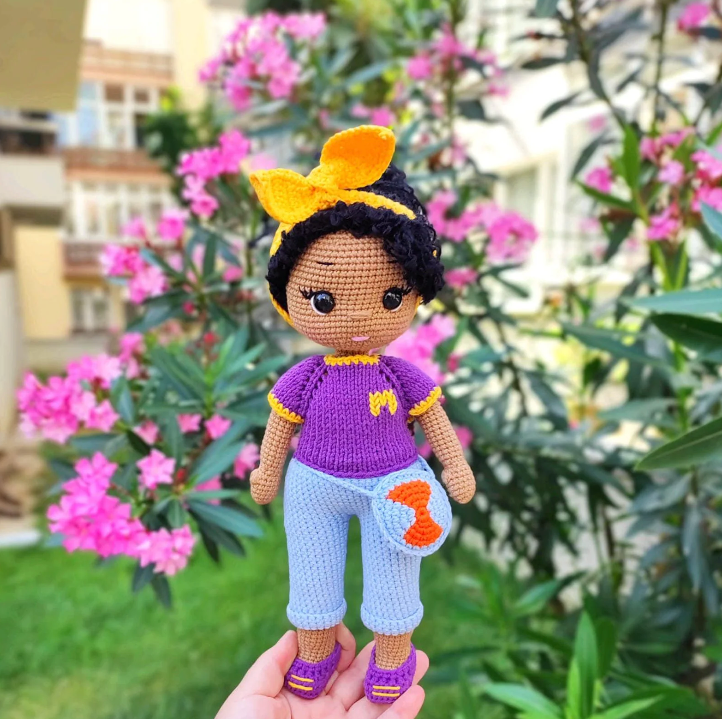 Amigurumi boho girl doll crochet pattern – yellow headband and fox bag handmade doll