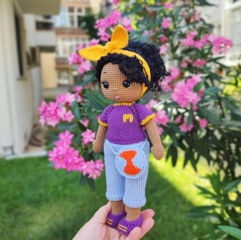 Amigurumi boho girl doll crochet pattern – yellow headband and fox bag handmade doll