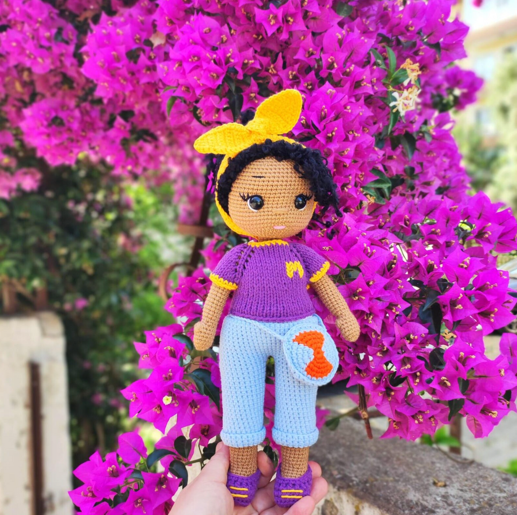 Amigurumi boho girl doll crochet pattern – yellow headband and fox bag handmade doll