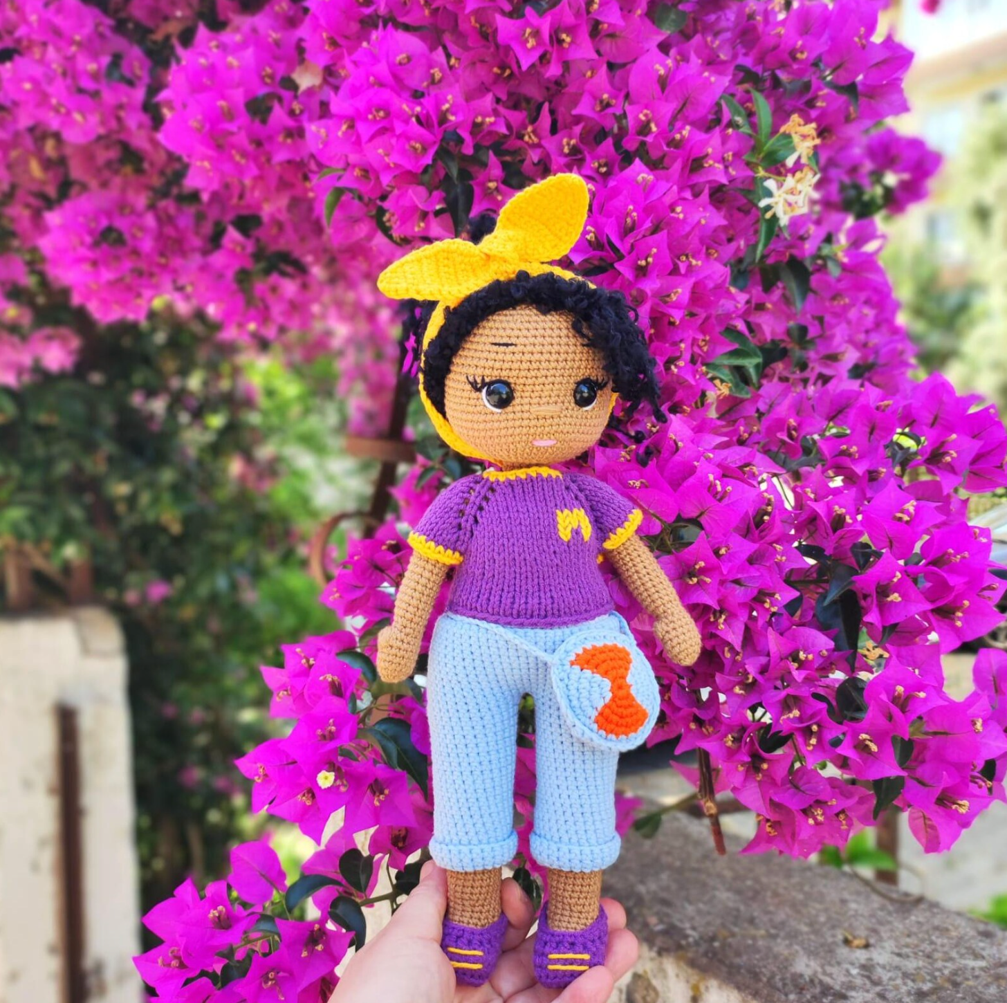 Amigurumi boho girl doll crochet pattern – yellow headband and fox bag handmade doll