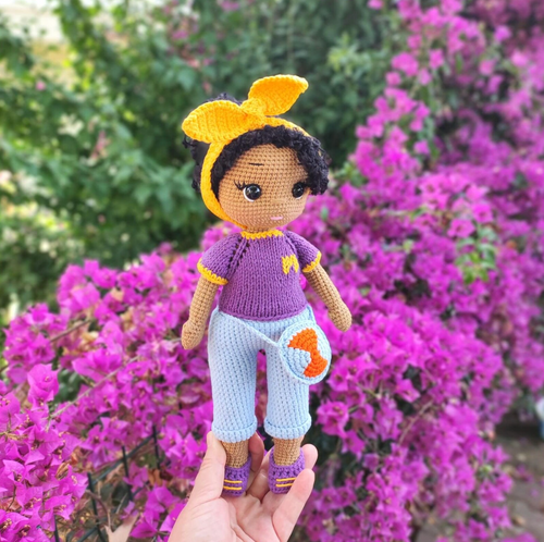 Amigurumi boho girl doll crochet pattern – yellow headband and fox bag handmade doll